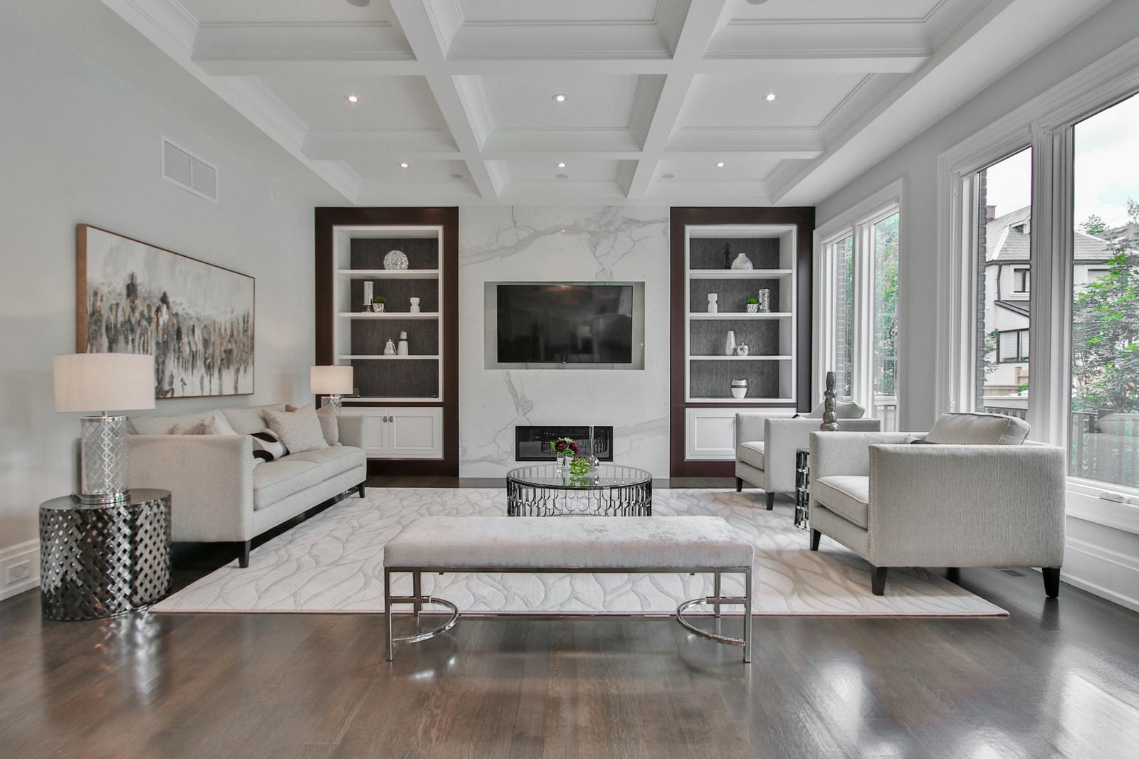 Formal living room with a refinished dark hardwood floor